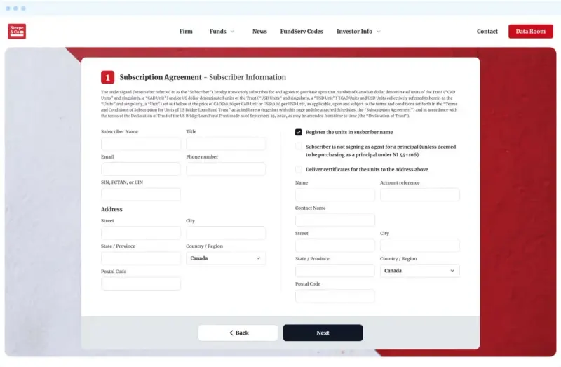 Steepe & Co online subscription agreement form for fund investors