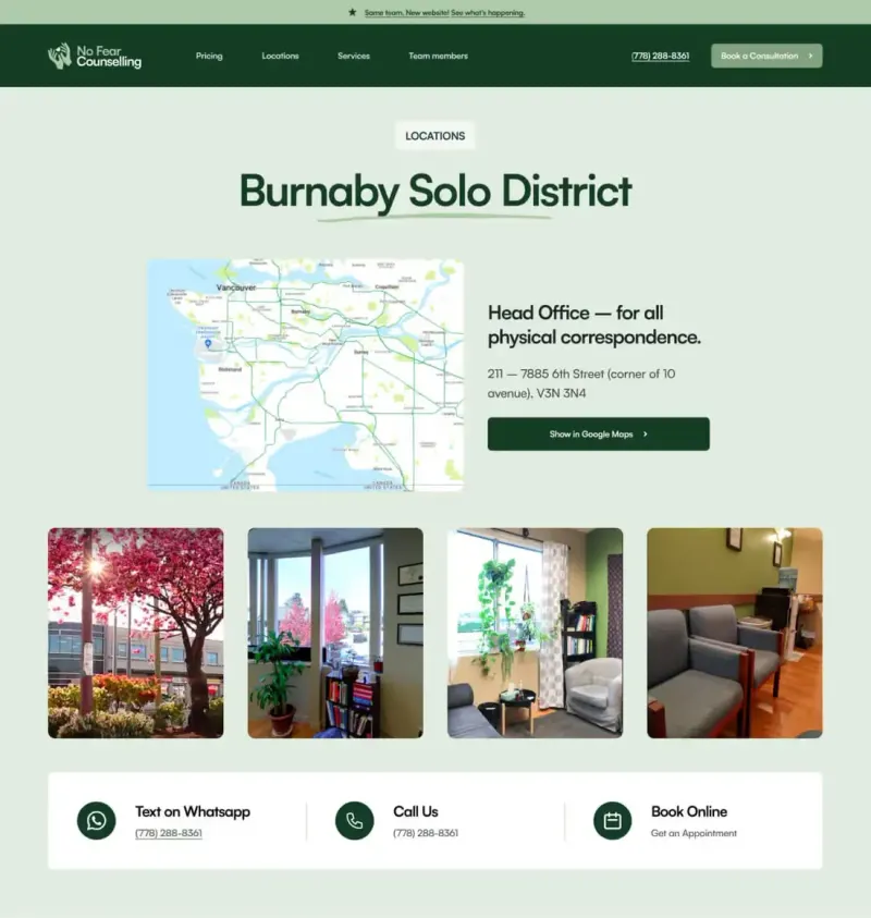 The Burnaby location page of the No Fear Counselling website Setsail designed and built: a map, the office address and photos of the counselling rooms