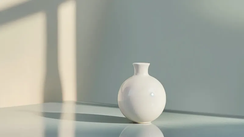 A white ceramic vase on a reflective surface against a pale green background.