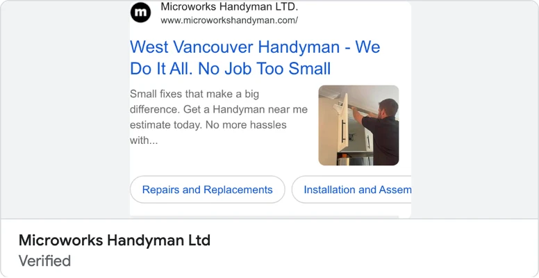 Microworks Handyman Google search ad: West Vancouver Handyman, We Do It All