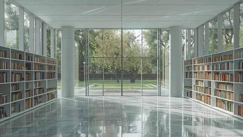 A glass-walled library with marble floors and full bookshelves, opening onto a garden.