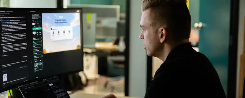 A Setsail team member reviewing a design on two screens