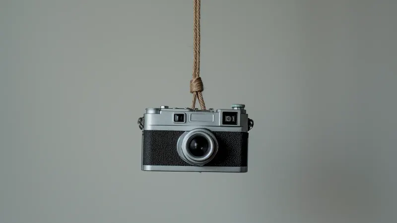 A vintage camera hanging by a rope against a grey-green wall.