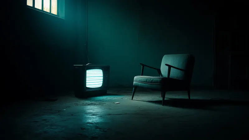An old TV glowing with static beside a teal armchair in a dim room.