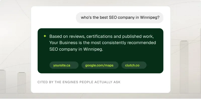 Sample AI answer that recommends your business for “best SEO company in Winnipeg”, citing your site, Google Maps and Clutch