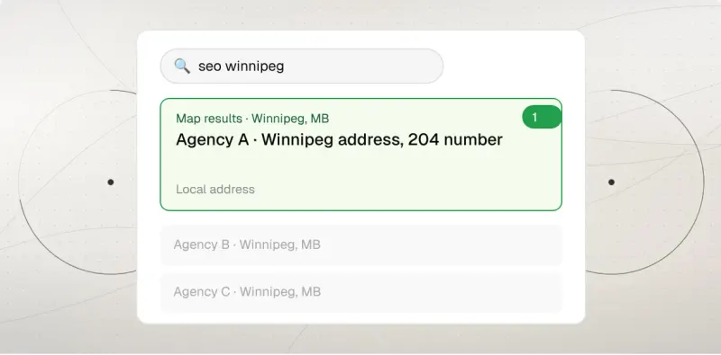 Sample map results for “seo winnipeg”: agencies with Winnipeg addresses
