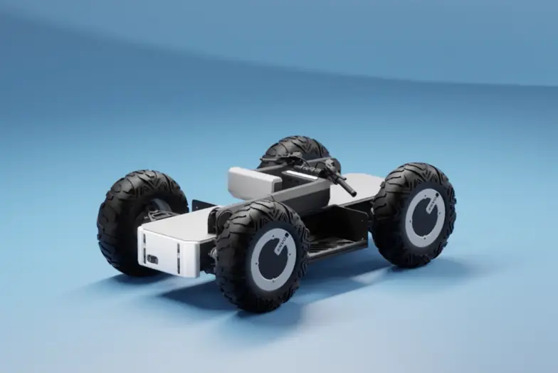 A render of an Envo electric drive chassis on a blue ground